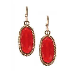 Red Oval Faceted Lucite Stone Metal Frame Fish Hook Earrings
